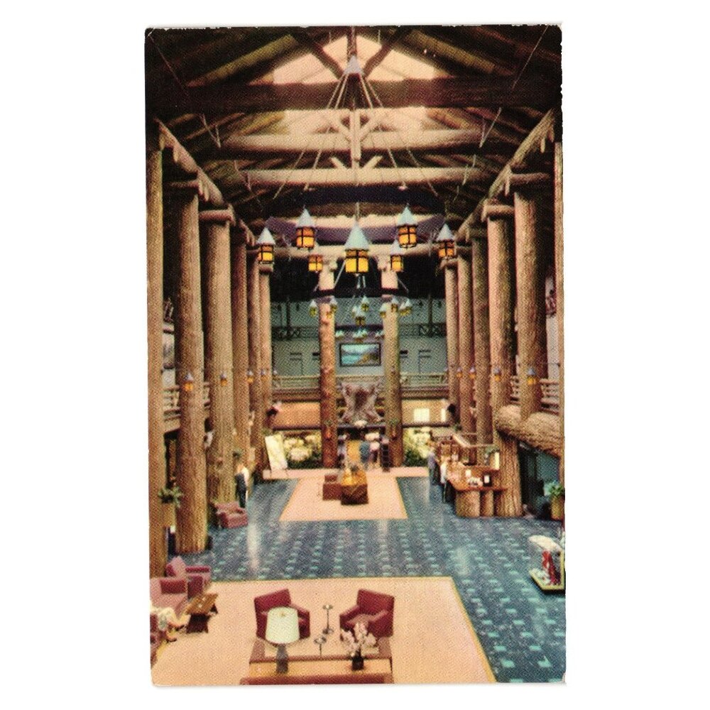 Vintage Glacier Park Hotel Lobby Postcard DW7 Selithco True Color Montana